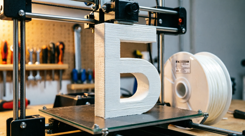 3D-принтер печатает белую букву кириллицы